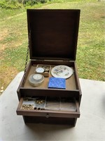WOODEN BOX WITH WATCH PARTS AND POCKET WATCHES