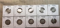 10 Different Mercury Dimes 1917 to 1945