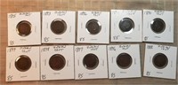 10 Different Indian Head Cents 1888-1899