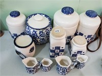 BLUE & WHITE CANISTERS, ETC.