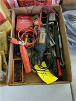 FLAT OF MISC TOOLS: DRILL BITS, METER TESTER, ETC