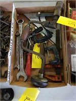 FLAT OF MISC TOOLS: WRENCHES, CLAMPS, ETC