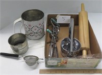 Kitchen items -sifter - ricer - rolling pin-assort