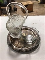 silver plate tray and glass ware