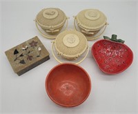 Marble Inlay Box, Strawberry Dish, USA Pottery Bow