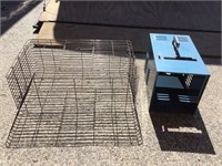 Wire cage without a bottom.  Blue metal box