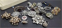 Costume clip earrings & broaches w/jewelry box