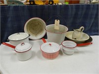 Enamelware pots & pitcher and bowls
