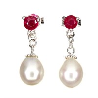 Stunning Natural Pearl & Red Ruby Earrings