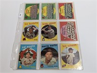 1959 Topps Baseball Cards 1 Page of 9 Cards