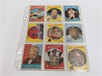 1959 Topps Baseball Cards 1 Page of 9 Cards