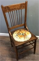 ANTIQUE HAND CARVED WOOD CHAIR, UPHOLSTERED SEAT