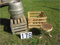 Wood crates, milking stool, beer keg