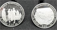 (2) Liberia 20 Dollar Silver Proof 20 Gram Coins
