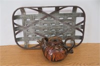 19" Metal Basket with signed pottery