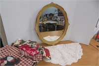 Vntg Oval mirror and linens