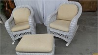 (2) Wicker Rocking Chair & Foot Stool w/Cushions