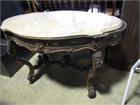 ORNATE BASE MARBLE TOP TABLE  45 X 28 X 30