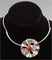 Mid-Century Modern Silver Coral Disc Necklace