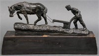 Patinated Copper Plowman & Horse Sculpture