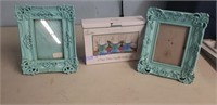 Teal picture frames and votive candle holder set
