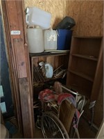 Misc. Wood, Plastic jugs, Wheel Chair, Book shelf