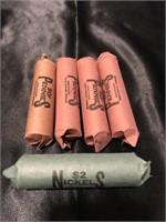 4- rolls of pennies and 1-roll of nickels