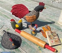 Wood Handle Rolling Pin & Poultry Decor