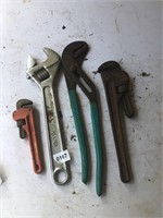 Pipe wrench, crescent, and vise grips