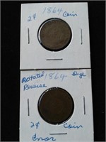 TWO 1864 2 CENT PIECES ONE W/ ROTATED REVERSE