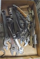 TRAY OF ASSORTED WRENCHES, TOOLS, MISC