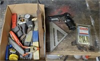 TRAY OF ASSORTED TOOLS, WRENCHES, AIR GUN, MISC