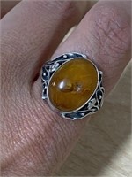 Ring Size 9 Unmarked Sterling Silver Amber
