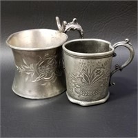 2 Very Old Pewter Cups Ornate