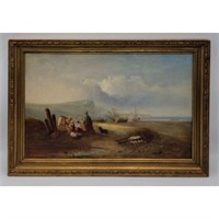 19th C O/C Landscape Figures On A Beach With Boat