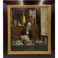 19th C O/C Lady At Dinner Table W/ Flowers Interi