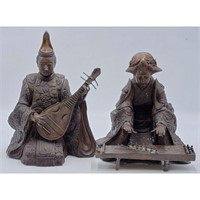 A Pair Of Japanese Bronze Sculptures "MUSICIANS"