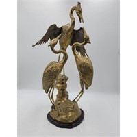 A Large Vintage Brass Sculpture 3 Cranes