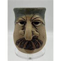 A Nice Signed Folk Art Pottery Face Mug Signed
