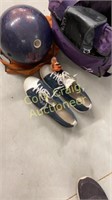 Purple bowling ball, leather shoes 9, bag and