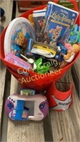 Tub of kids toys, Pooh clock, movies, Leapster,