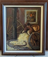 Framed painting of horse stable signed by artist-