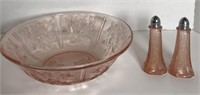 Depression glass with rose decals bowl and salt &
