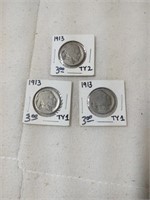 3- 1913 Buffalo Nickels
