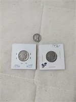 2 -1936 Buffalo Nickels & 1 Mercury Dime