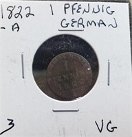 1822 One Pennig German VG