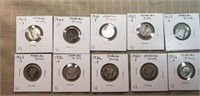 10 Different Mercury Dimes 1916 to 1945