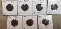 7 Indian Head Cents 1881 to 1889 Different Dates