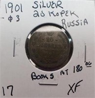 1901 3 Silver 20 Kopek Russia XF