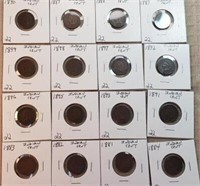 16 Different Indian Head Cents 1881 to 1899
